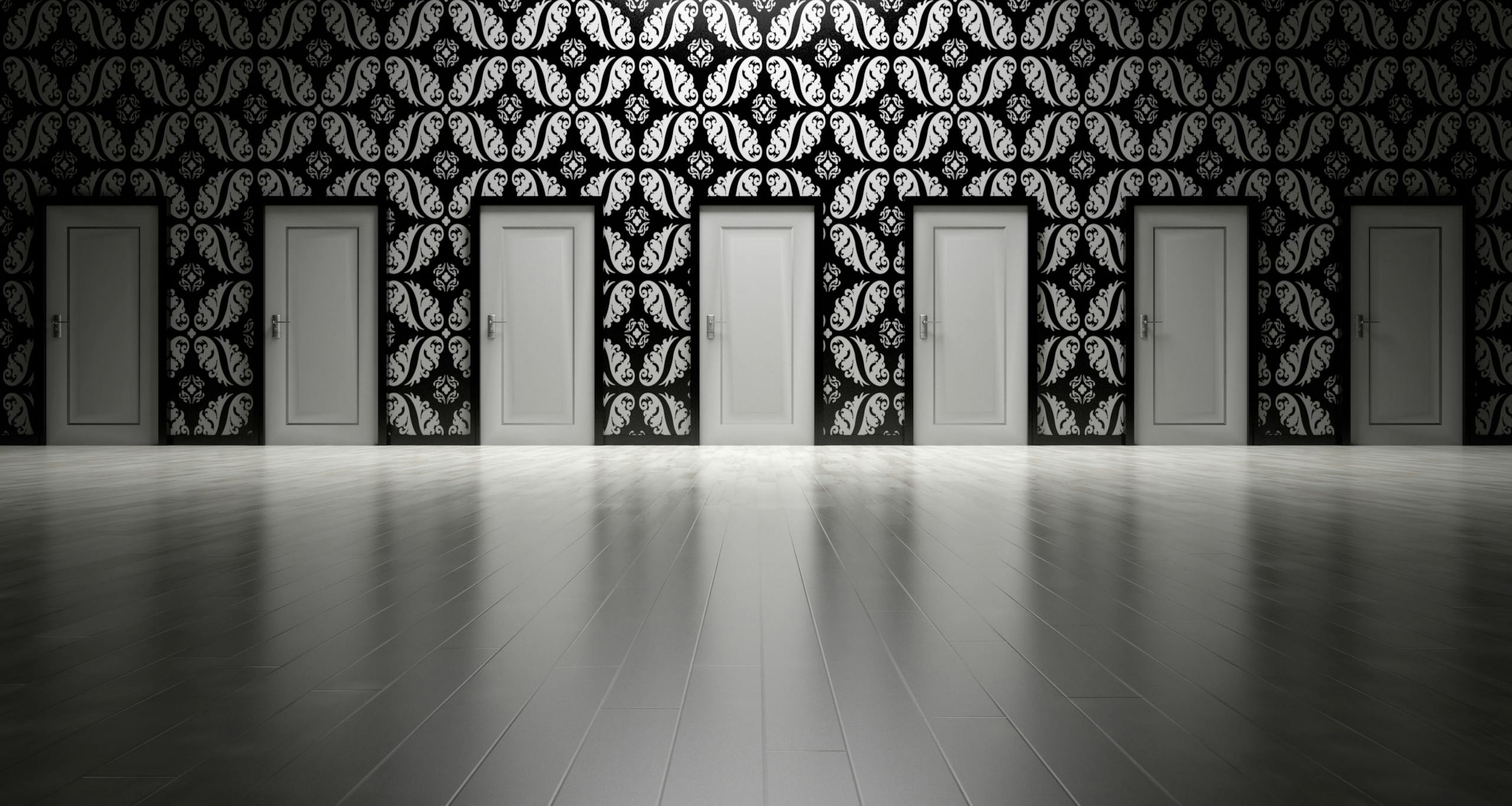 Five closed doors in a black and white ornate hallway symbolizing opportunities and decisions.